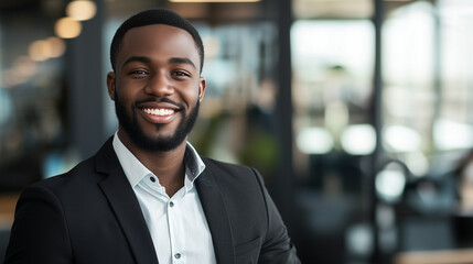 Fototapeta premium A professional headshot of a smiling entrepreneur in formal attire, standing confidently in front of a blurred office background, exuding confidence and professionalism.