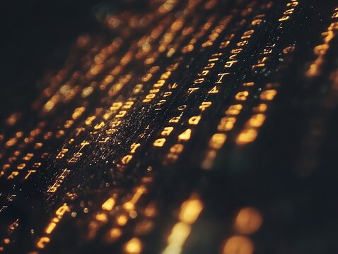 A close-up shot of digital data patterns with a glowing amber hue creates an abstract image focused on data processing, technology, and digital information.