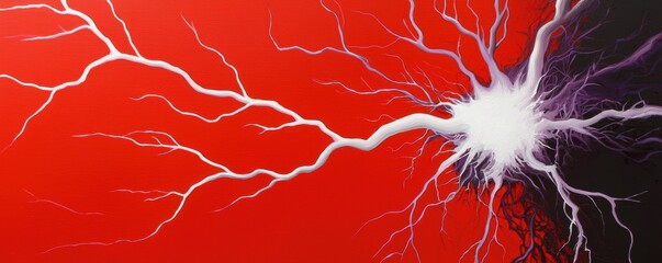 Dynamic burst of electric energy with white and purple lightning-like streaks emanating from a central point on a bold red canvas