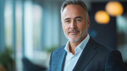 Fototapeta premium A professional headshot of a smiling entrepreneur in formal attire, standing confidently in front of a blurred office background, exuding confidence and professionalism.