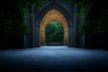 A large archway with trees on either side