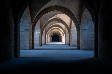 Obraz premium A long, narrow, dark hallway with arched ceilings