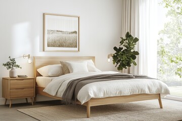 Fototapeta premium serene bedroom with white walls light wooden bed frame and neutral bedding