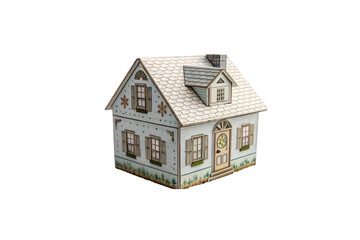 A cozy model house featuring a white shingle roof, intricate floral details, and a quaint front door with decorative greenery, isolated on a transparent background