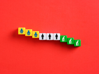 Colorful cubes showing human life cycle from birth to old age