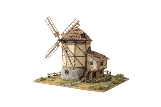 A countryside windmill with a stone foundation and wooden upper structure, featuring a quaint, attached house, isolated on a transparent background