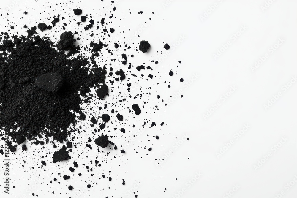 Poster dynamic motion of black particles forming fluid, airy shapes on a white background, creating a minim
