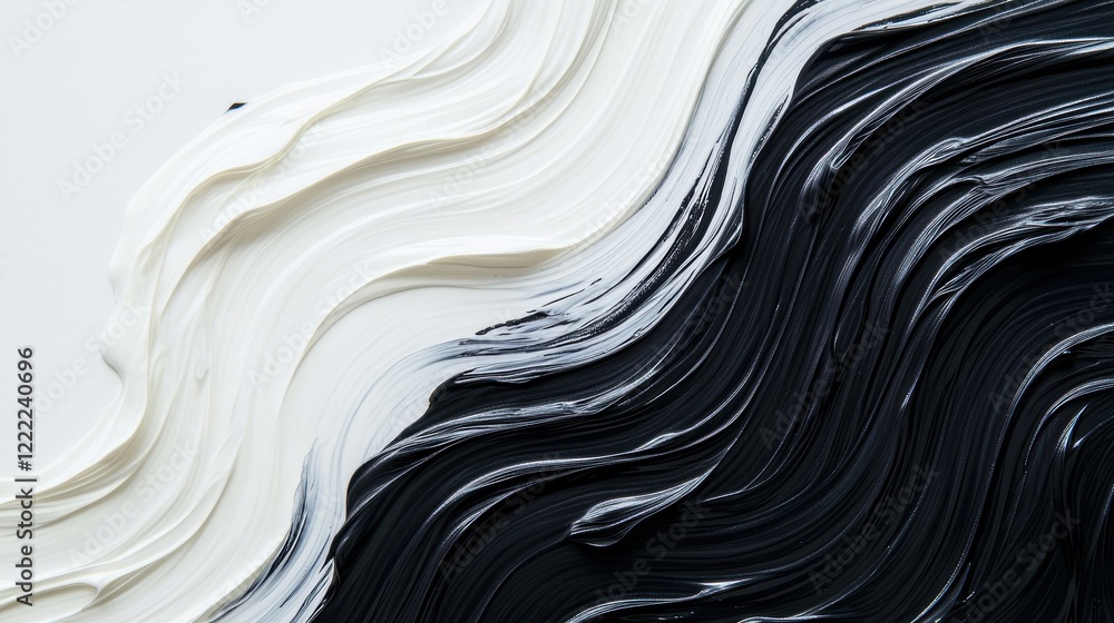 Poster dynamic swirls of black and white paint strokes, forming a bold and textured abstract background wit