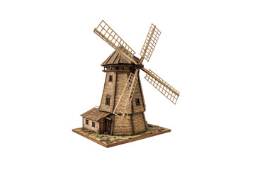 Obraz premium A detailed wooden windmill with intricate shingles and wide sails, surrounded by a grassy base for a rural charm, isolated on a transparent background