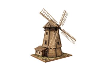 A detailed wooden windmill with intricate shingles and wide sails, surrounded by a grassy base for a rural charm, isolated on a transparent background