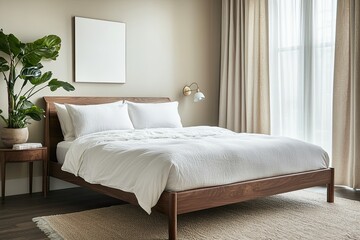 serene bedroom with low-profile wooden bed frame white bedding and single bedside table holding lamp and small plant
