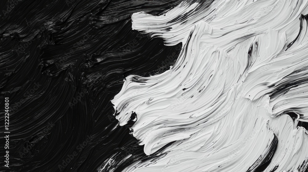 Poster dynamic swirls of black and white paint strokes, forming a bold and textured abstract background wit