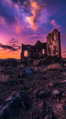Fototapeta premium Spectacular Deserted Ruins Against a Vivid Sunset Sky in a Remote Desert Landscape, Evoking Nostalgia and Mystique, Generative AI