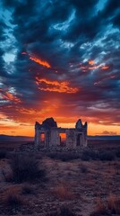 Fototapeta premium Spectacular Deserted Ruins Against a Vivid Sunset Sky in a Remote Desert Landscape, Evoking Nostalgia and Mystique, Generative AI