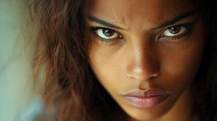 Fototapeta premium Intense Portrait of a Young Woman with Dark Hair and piercing Eyes