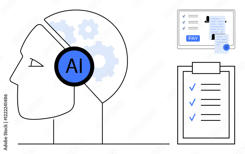 Poster human profile with ai icon in head, gears inside, task checklist with checkmarks, digital payment sc