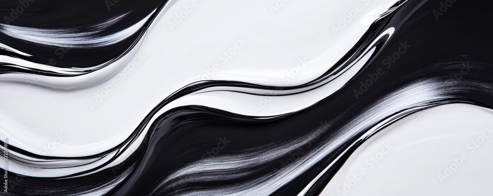 Poster flowing black and white brushstroke texture with sharp contrasts and smooth curves, creating a strik