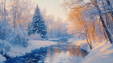 Panoramic view of a sunlit winter forest with snow-covered trees and clear blue sky
