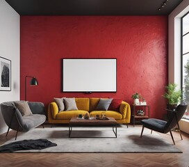  white frame poster mockup as red living room room,minimalistic interrior desighn with red sofa and blank canvas mockup on a wall. A 3D render of a minimalist living room,1565