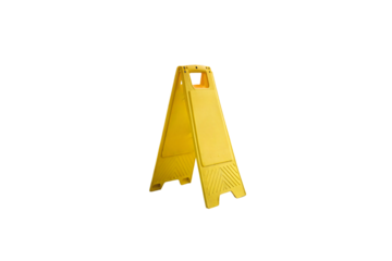 A realistic yellow caution sign with a textured surface, slightly worn edges, and triangular grips at the base, isolated on a transparent background