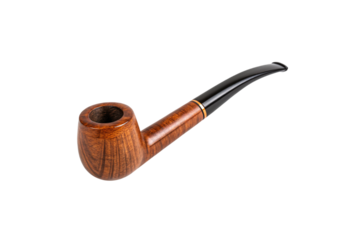 A polished wooden tobacco pipe with a smooth bowl and sleek black stem, showcasing a classic and refined design, isolated on a transparent background
