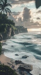 AI-Rendered Serene Beachscape with Waves, Coastal Cliffs, and Lush Greenery under a Cloudy Sky - Nature's Beauty and Tranquility, Generative AI