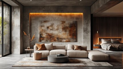 Serene modern living space with minimalist design. Generative AI