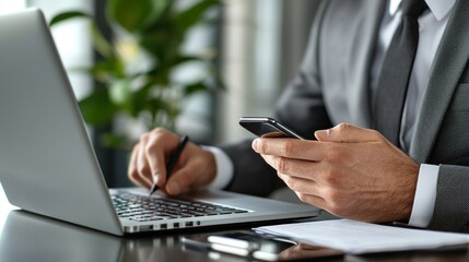 Fototapeta premium Professional Man Using Laptop and Smartphone in Modern Office