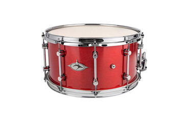 A red metallic snare drum with a sleek chrome finish and polished hardware, offering a dynamic and stylish visual statement for musicians, isolated on a transparent background
