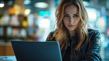 Fototapeta premium Young Woman Working on Laptop in Modern Cafe Environment