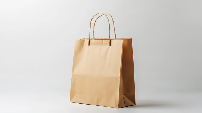 Craft brown paper bag and handle vector mockup. Shopping package mock up to carry food front view icon merchandising design collection. 3d retail reusable branding merchandise illustration