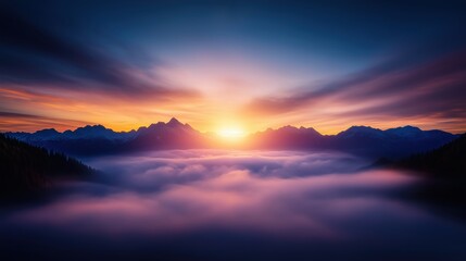 Fototapeta premium Colorful sunrise over mountain ranges with misty clouds creating a serene and dreamy atmosphere. Concept of peace and nature's grandeur.