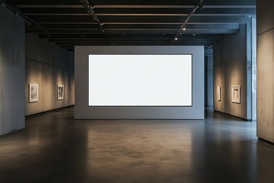 Blank gallery wall, modern art exhibition, empty space, concrete floor, artwork display