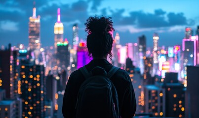 Silhouette of Person With Backpack Observing Lively Night Cityscape of Neon Lights and Skyscrapers From Rooftop, Generative AI