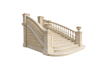 Ornate beige stone staircase with curved balustrades, decorative pillars, and urns, exuding classical architectural grandeur, isolated on a transparent background