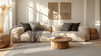 Minimalistic living room with cozy design and neutral tones. Generative AI