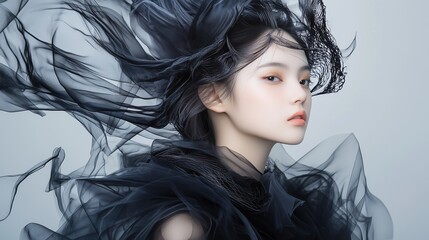 Naklejka premium Close-up portrait of a woman in a sheer black outfit with windblown fabric creating dramatic motion. High fashion and editorial style.