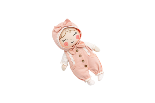 Soft plush doll in a peach romper with white accents and lace trim, its embroidered face featuring closed eyes and rosy cheeks, isolated on a transparent background