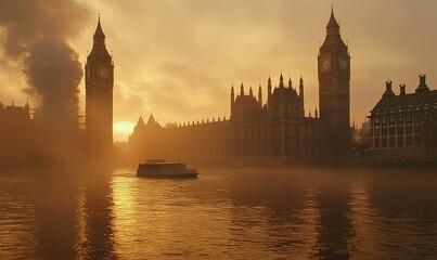 Fototapeta premium Misty London sunset Big Ben, Houses of Parliament, Thames river boat