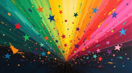 A joyful explosion of color with sharp starburst patterns, neon highlights, and a radiant gradient of green, pink, and gold tones.