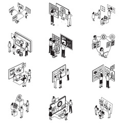 Naklejka premium Characters working with generative AI model tools. Deep learning, artificial intelligence, algorithm, infographic template. Isometric vector illustration. Prompt engineering concept.