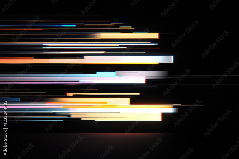 Poster pixelated glitch texture featuring horizontal static lines and light distortions on a dark canvas, p