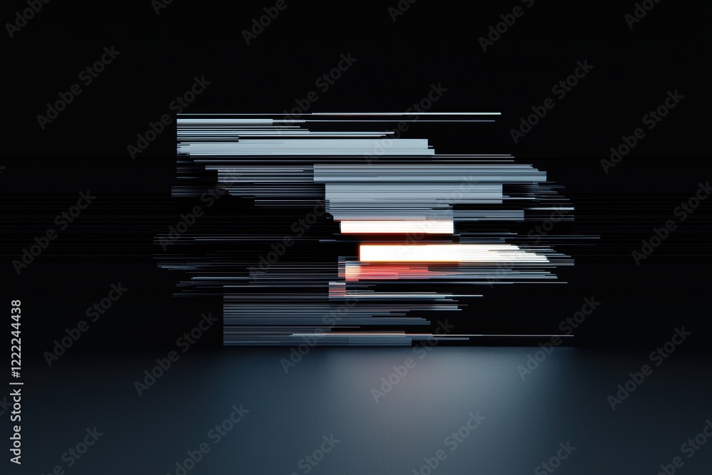 Poster pixelated glitch texture featuring horizontal static lines and light distortions on a dark canvas, p