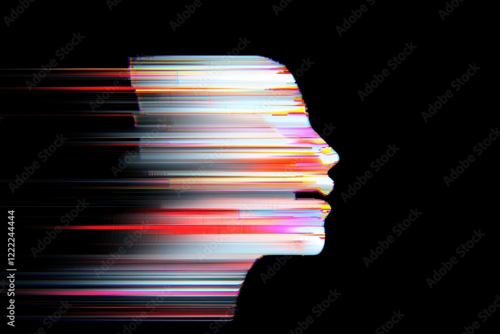 Poster pixelated glitch texture featuring horizontal static lines and light distortions on a dark canvas, p
