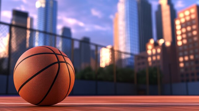 Basketball on court with city skyline in background during sunset, showcasing urban sports scene - Powered by Adobe