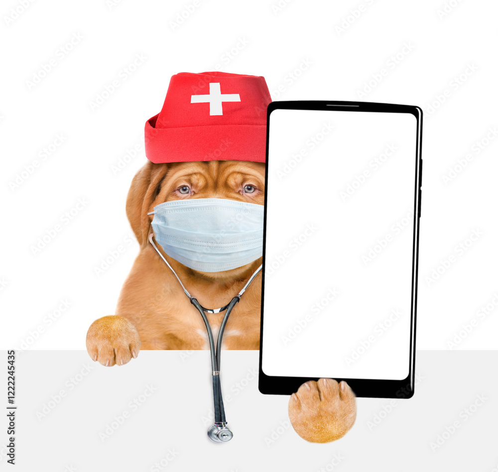 Aufkleber smart mastiff puppy wearing like a doctor with stethoscope and protective mask showing big smartphon