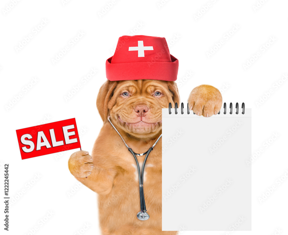 Poster Smiling puppy dressed like a doctor with stethoscope showing blank notebook and holding signboard with labeled 