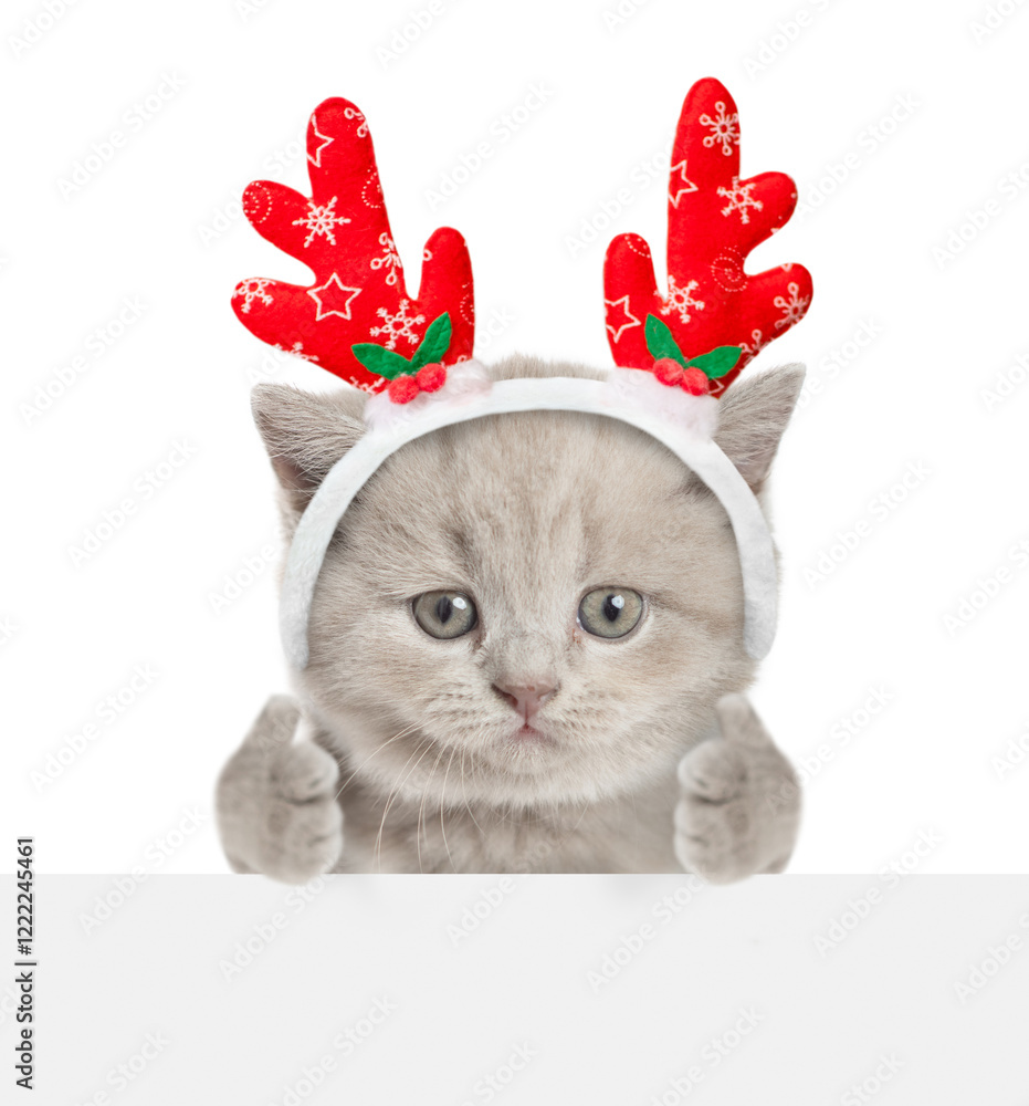 Aufkleber Cute tiny kitten dressed like santa claus reindeer  Rudolf looking above empty white banner and showing thumbs up gesture with two paws. Empty space for text. isolated on white background