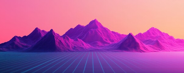 Stylized digital landscape with glowing purple peaks and turquoise gridlines, set beneath a pixelated sky for a vaporwave feel