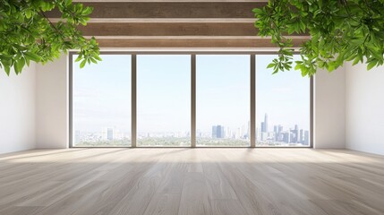 Fototapeta premium Living room Open Space Spacious loft with minimal furniture, large windows, and city views, open floor plan and industrial design